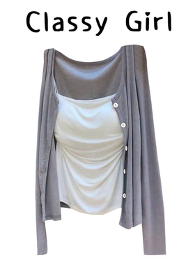 灰色针织开衫女薄款披肩上衣女2026春夏修身吊带辣妹短款罩衫套装