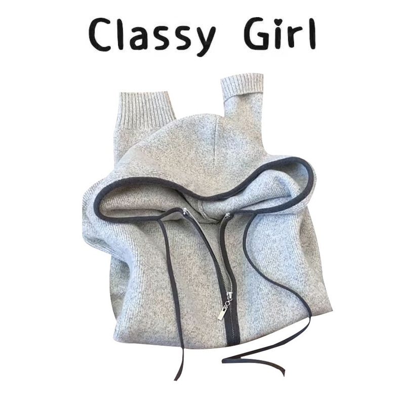 秋冬显瘦双拉链连帽针织开衫外套