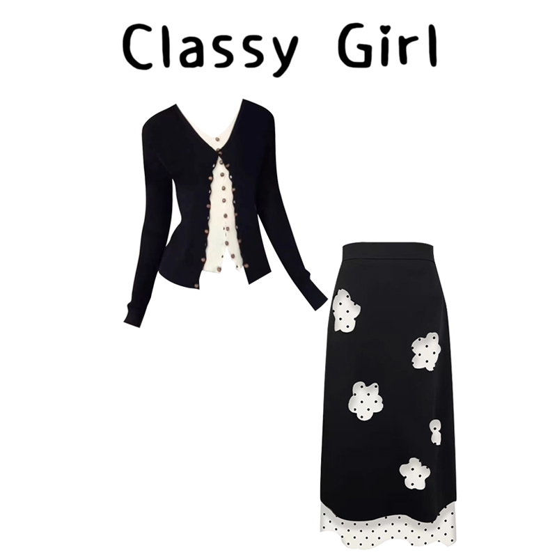 假两件V领上衣女碎花半身裙套装