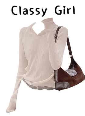 韩系白色网纱拼接V领长袖针织衫女秋冬修身短款内搭独特漂亮上衣