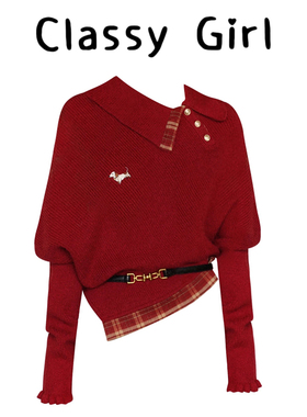 复古圣诞节红色高领毛衣女秋冬设计感斜扣慵懒宽松套头不规则上衣