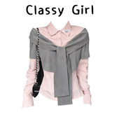 女早春miu系粉色衬衣学院风修身 韩系假两件衬衫 上衣 粉灰撞色