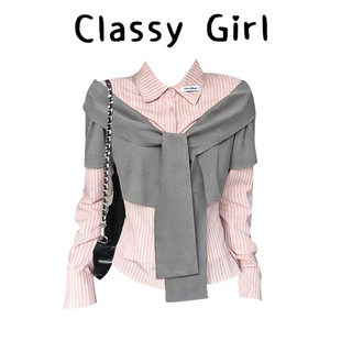 【粉灰撞色】韩系假两件衬衫女早春miu系粉色衬衣学院风修身上衣
