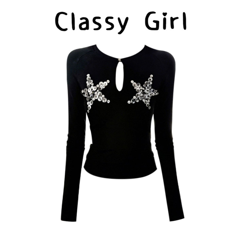 设计感手工海星钉扣黑色T恤女秋冬季高级辣妹修身显瘦长袖上衣潮,女装/女士精品,大码内搭,淘宝优惠券,粉丝福利购,淘宝优惠卷