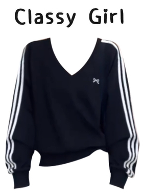 美式复古V领三条杠蝴蝶结黑色卫衣早秋宽松显瘦休闲运动上衣女装