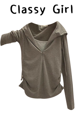 miu系灰色假两件连帽长袖t恤女早秋冬设计感半拉链修身打底衫上衣