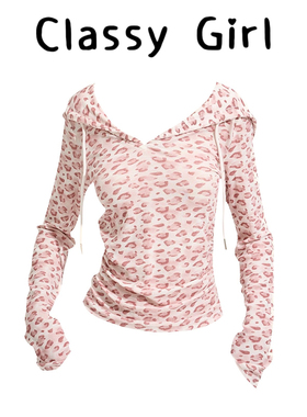 Classy girl 野生甜妹*莱赛尔针织褶皱收腰豹纹上衣长袖连帽t恤