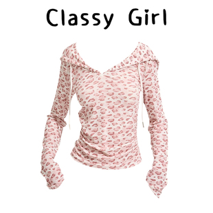 莱赛尔针织褶皱收腰豹纹上衣长袖 野生甜妹 连帽t恤 girl Classy