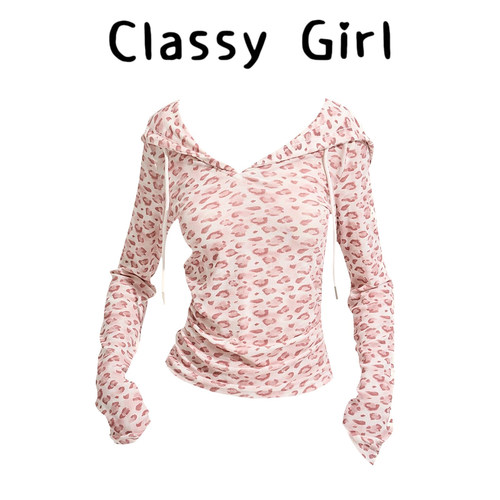 早秋显瘦气质豹纹连帽t恤上衣