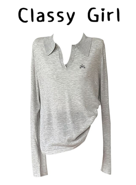 2026早春亚麻莱赛尔天丝混纺V领T恤POLO灰色防晒罩衫气质长袖上衣