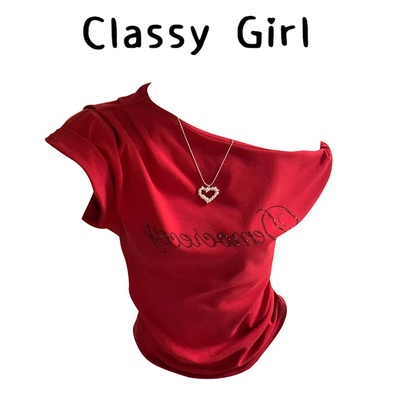 斜肩短袖辣妹露肩t恤甜酷上衣