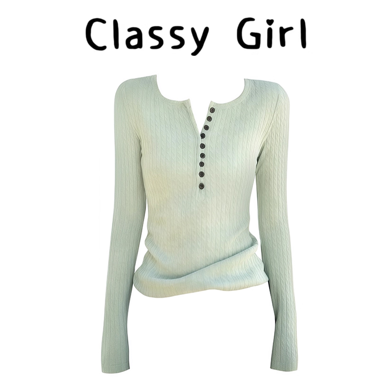 秋冬复古绿色V领针织衫毛衣上衣