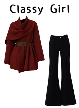 Classy girl 巨好看冬装一整套胖mm红色翻领毛衣外套微喇牛仔裤