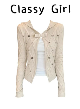 Classy girl 心藏月光*复古菱格水钻短开衫女秋冬显瘦遮肉上衣