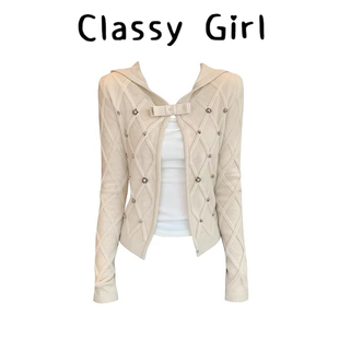 Classy girl 心藏月光*复古菱格水钻短开衫女秋冬显瘦遮肉上衣