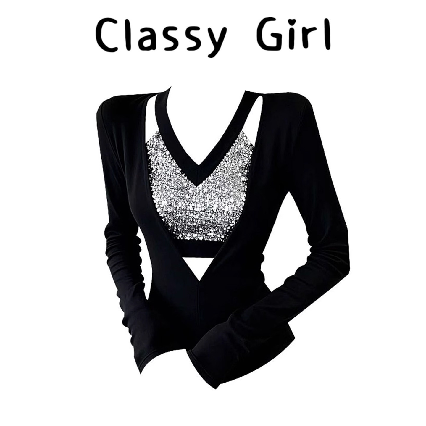 秋冬甜辣妹镂空正肩亮片v领打底衫女内搭修身显瘦长袖t恤绝美上衣,女装/女士精品,大码内搭,淘宝优惠券,粉丝福利购,淘宝优惠卷