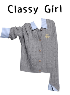 秋冬韩系灰色假两件POLO针织衫女设计感显瘦经典麻花纹显瘦毛衣