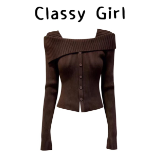 气质温柔风一字肩针织毛衣女早春小众设计感复古修身 显瘦内搭上衣