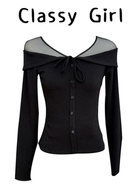 性感黑色v领网纱微透上衣秋冬新款辣妹t恤长袖修身气质内搭打底衫