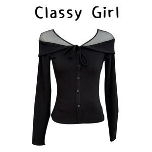 性感黑色v领网纱微透上衣秋冬新款辣妹t恤长袖修身气质内搭打底衫