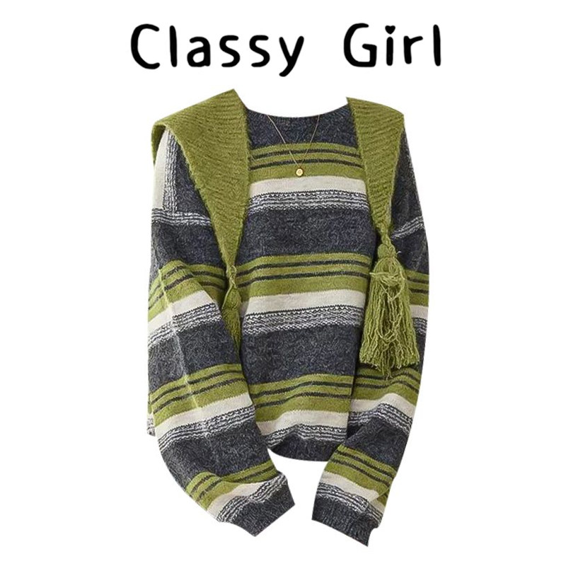 Classy girl 设计感绿色条纹披肩毛衣女冬季新款时尚羊毛长袖上衣,女装/女士精品,大码内搭,淘宝优惠券,粉丝福利购,淘宝优惠卷