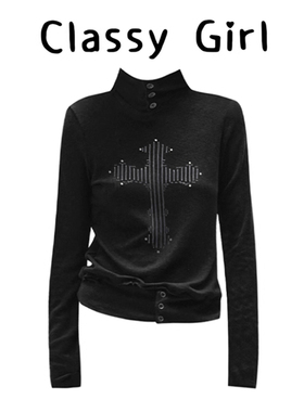 黑色高领毛边暗调印花烫钻上衣女秋冬修身显瘦长袖T恤内搭打底衫