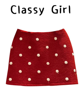 新年穿搭红色波点设计感半身裙女2025秋冬高腰小个子A字包臀短裙