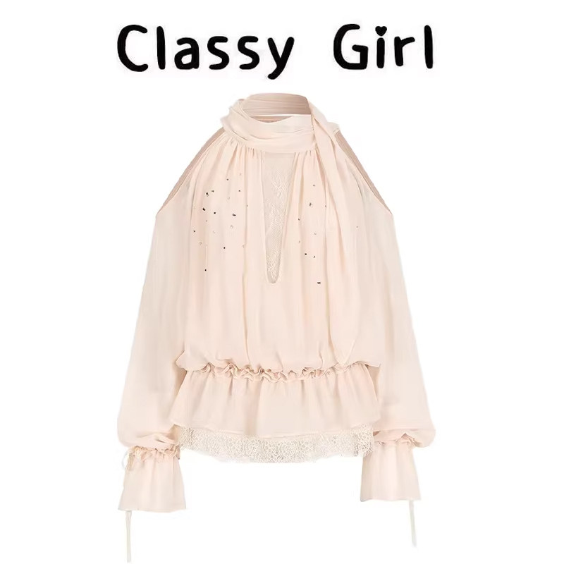 Classy girl 设计感水钻装饰飘逸网纱长袖雪纺杉女春宽松飘带上衣