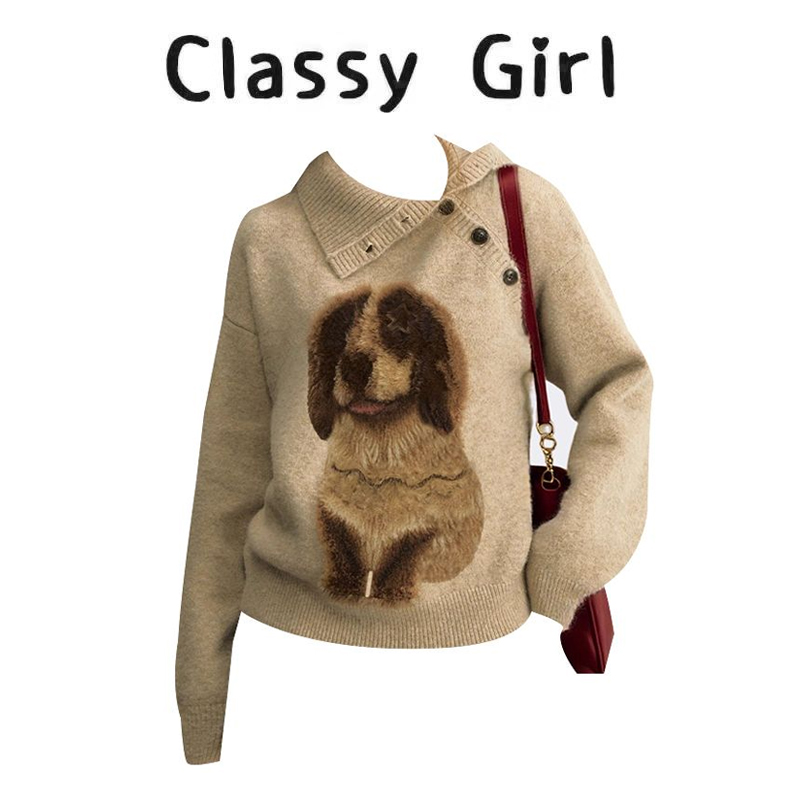 秋冬美拉德小狗翻领套头针织毛衣