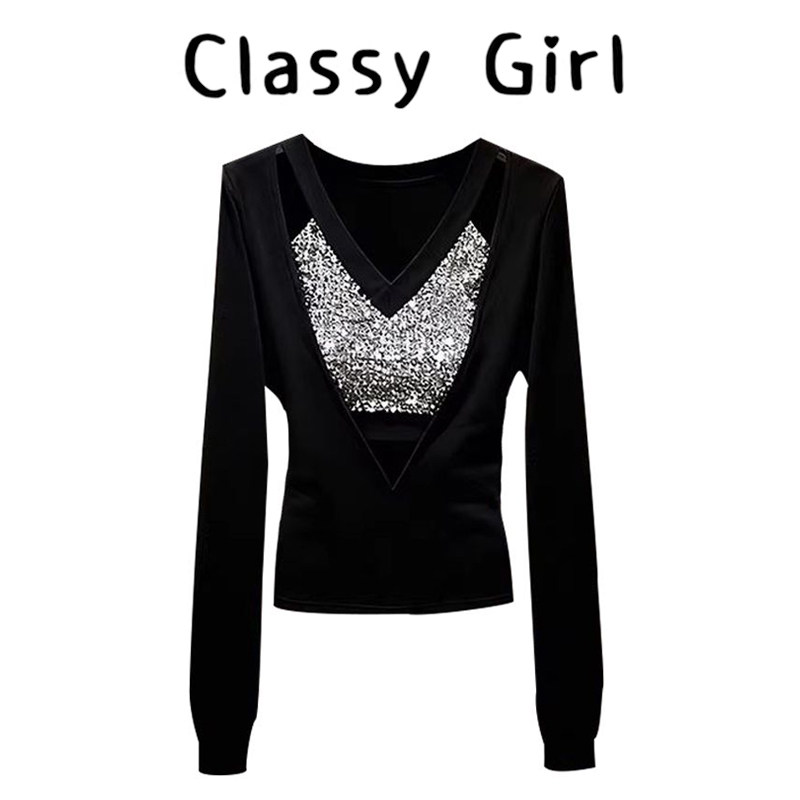 黑色亮片v领镂空长袖t恤上衣秋冬季独特辣妹修身显瘦打底衫女内搭,女装/女士精品,大码内搭,淘宝优惠券,粉丝福利购,淘宝优惠卷