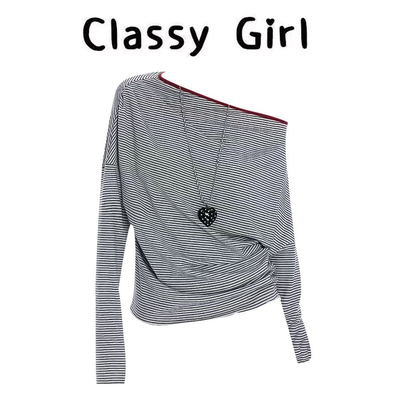 春夏韩系慵懒风斜肩T恤减龄上衣