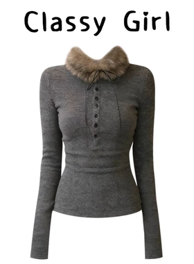 复古气质灰色毛毛领长袖t恤女秋冬季高级巨好看修身显瘦打底衫潮