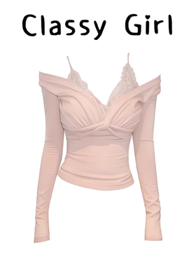 Classy girl 【娇柔软玉】蕾丝拼接假两件上衣女显瘦扭结针织衫