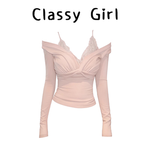 蕾丝拼接假两件上衣女显瘦扭结针织衫 娇柔软玉 girl Classy