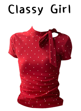 红色波点短袖t恤女2026夏季新正肩修身显瘦蝴蝶结绑带辣妹小上衣