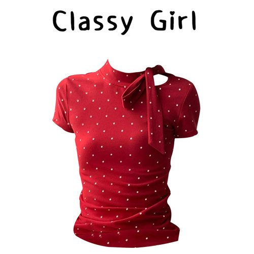 红色波点蝴蝶结绑带辣妹小上衣