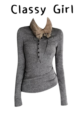 设计感灰色带围脖打底针织衫秋冬季可拆卸毛领修身巨显瘦长袖T恤