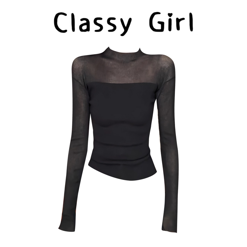 气质辣妹微透拼接立领长袖针织衫女秋冬弹力修身显瘦百搭打底上衣