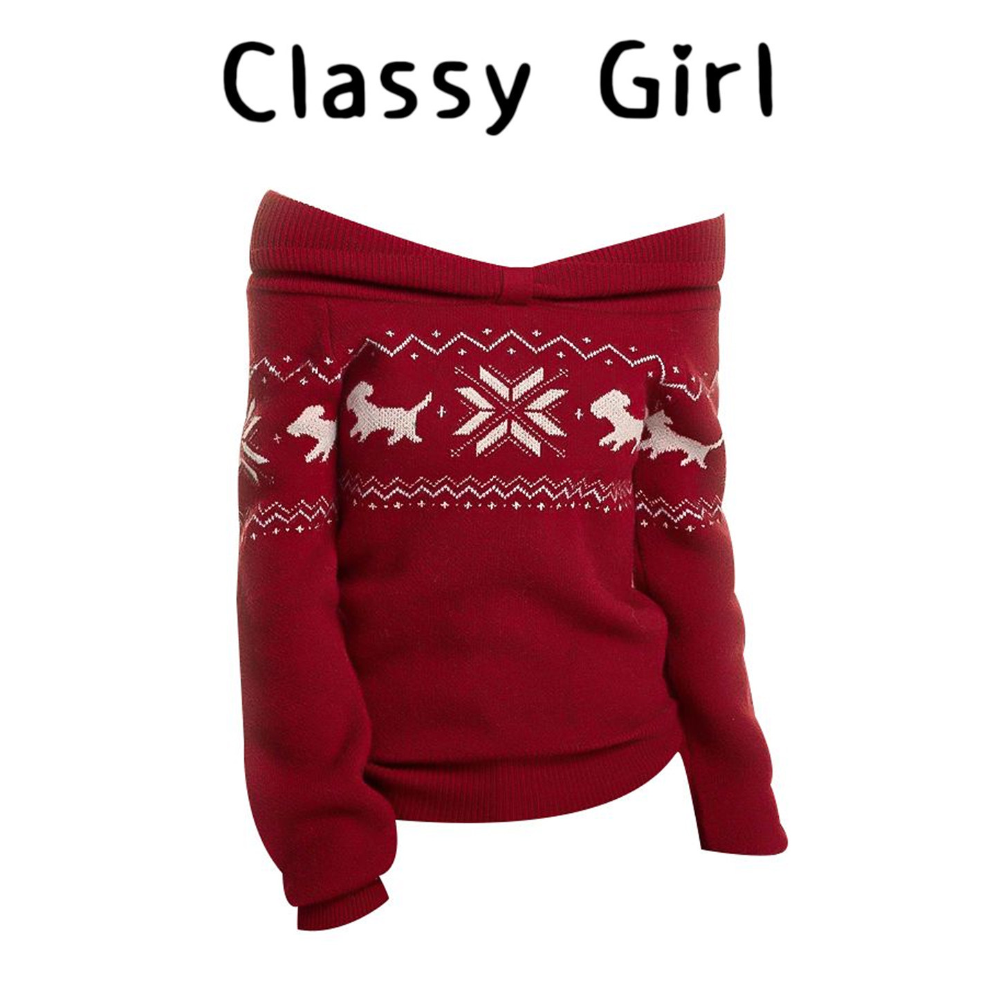 秋冬一字肩红色圣诞设计感上衣