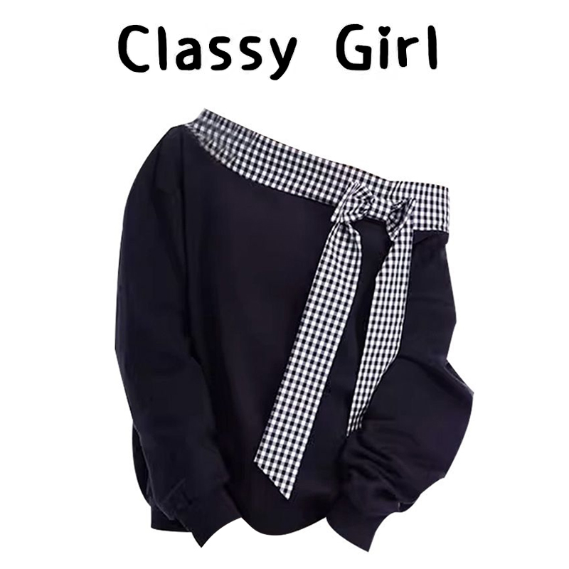 氛围感格纹蝴蝶结辣妹一字肩卫衣