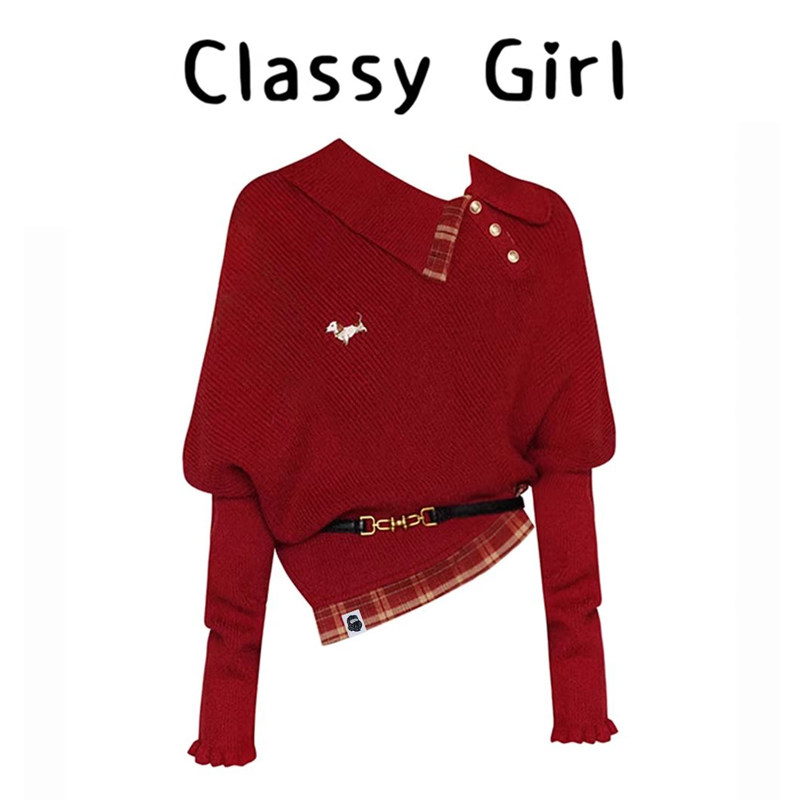 新年红色翻领套头不规则毛衣女秋冬气质加厚内搭打底针织上衣外穿,女装/女士精品,大码内搭,淘宝优惠券,粉丝福利购,淘宝优惠卷