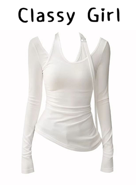 黑色挂脖长袖T恤女秋冬辣妹修身内搭针织设计感打底衫假两件上衣