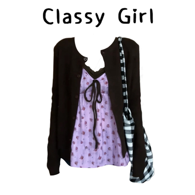 春季法式甜美假两件背心上衣套装