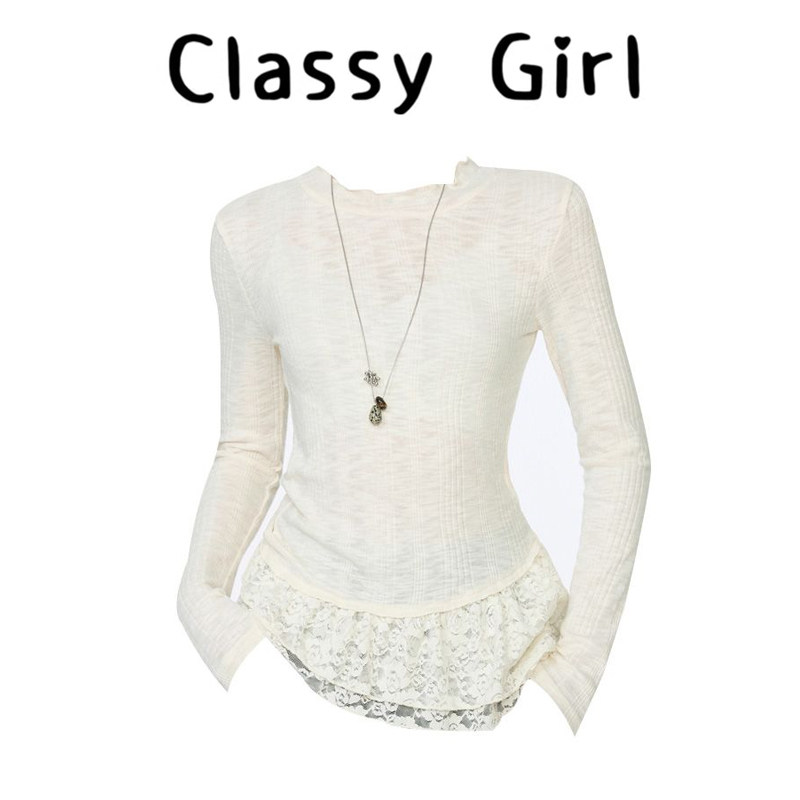 秋冬木耳边蕾丝修身打底衫上衣