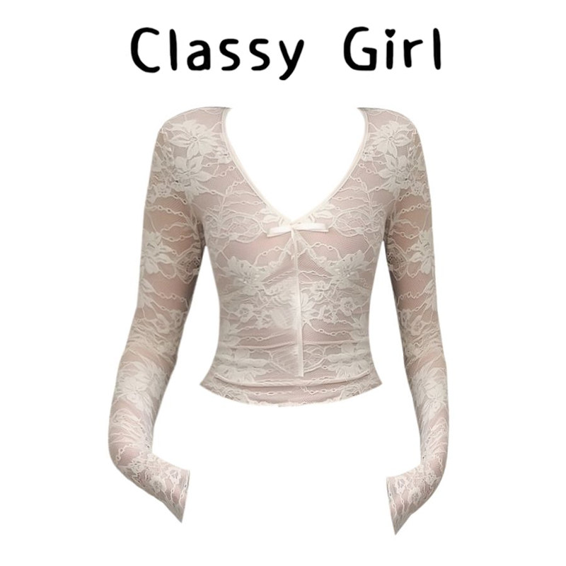 Classy girl 纯欲风性感系带蕾丝上衣女早春白色网纱弹力紧身内搭,女装/女士精品,大码内搭,淘宝优惠券,粉丝福利购,淘宝优惠卷