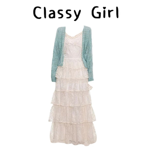 韩系穿搭套装薄荷绿毛衣开衫蕾丝蛋糕设计感吊带连衣裙女春夏新款