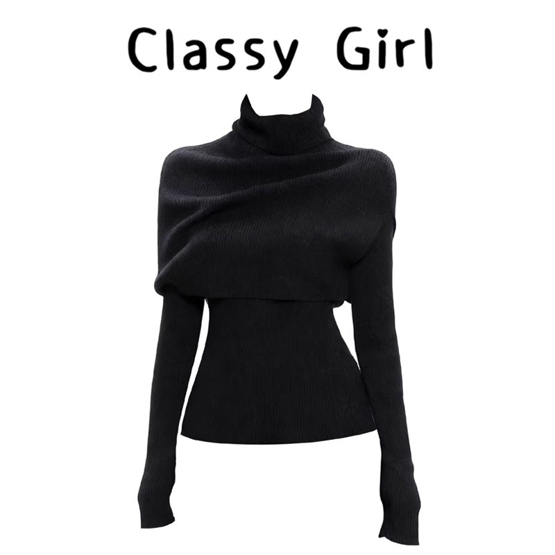 法式高领披肩针织衫女2026春季修身显瘦打底衫内搭高级感黑色毛衣,女装/女士精品,毛衣,淘宝优惠券,粉丝福利购,淘宝优惠卷