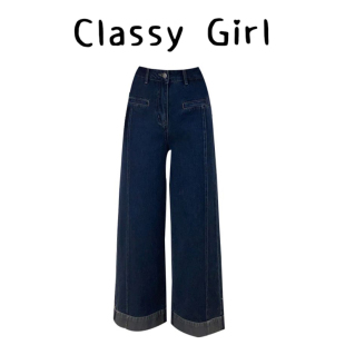 丹宁风弹力显瘦高腰裤 窄版 女秋冬新款 深蓝色阔腿牛仔裤 子 直筒裤