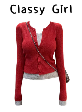 时髦洋气撞色针织开衫打底毛衣女秋冬百搭显瘦红色气质假两件上衣