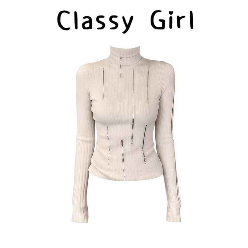Classy girl 韩系条纹亮片半高领套头针织衫女秋冬修身打底衫上衣,女装/女士精品,大码内搭,淘宝优惠券,粉丝福利购,淘宝优惠卷